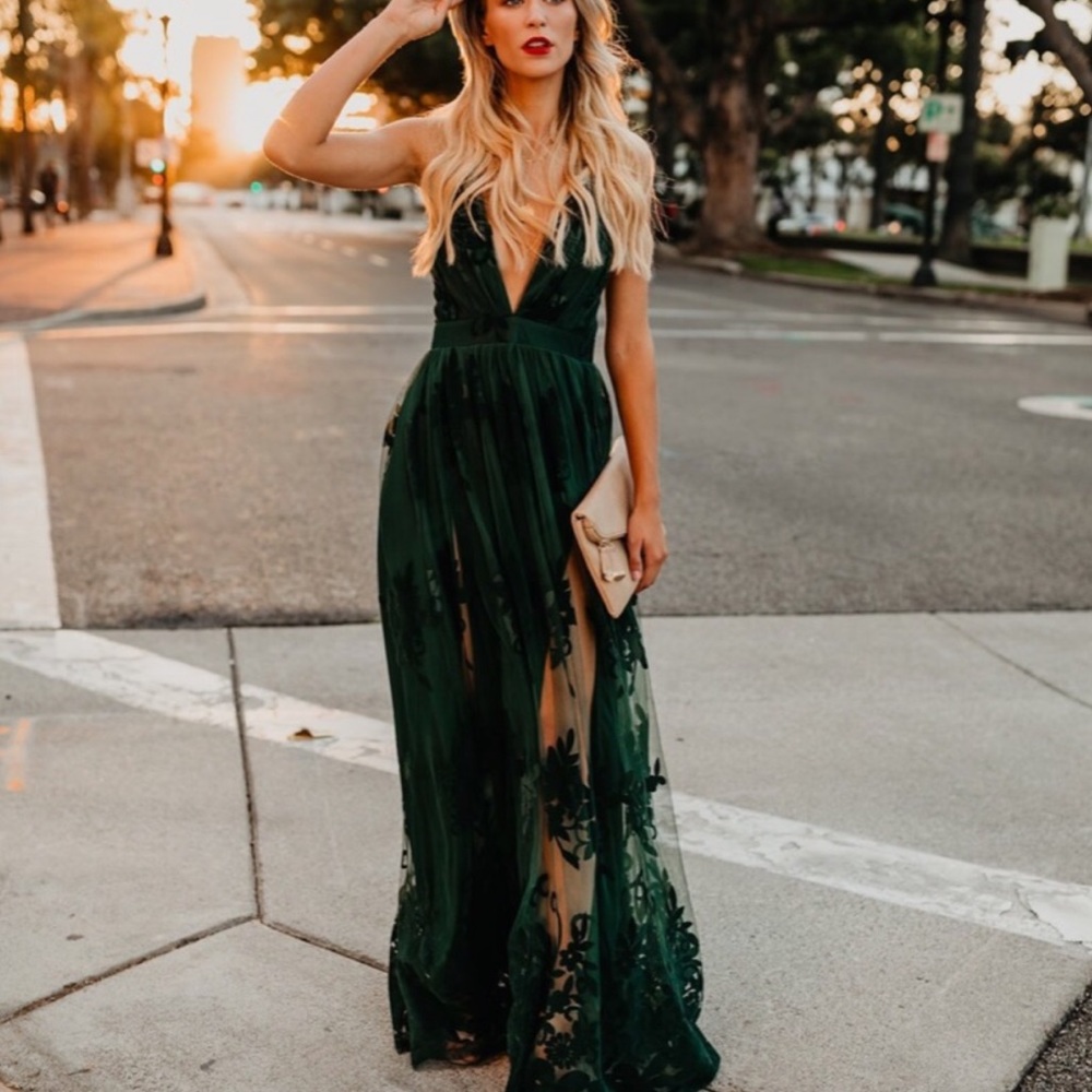 Deep the hunter green lace and velvet maxi dress